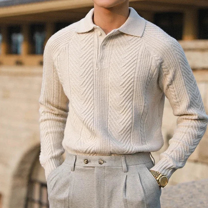 Men’s Sweater – Slim Fit – Wool Knit – Cable Pattern – Polo Collar – Long Sleeve
