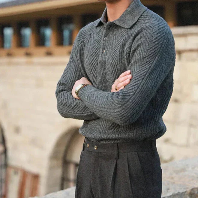 Men’s Sweater – Slim Fit – Wool Knit – Cable Pattern – Polo Collar – Long Sleeve