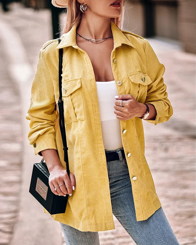 Women’s Corduroy Jacket – Oversized Fit – Shirt Collar – Button Front – 4 Pockets