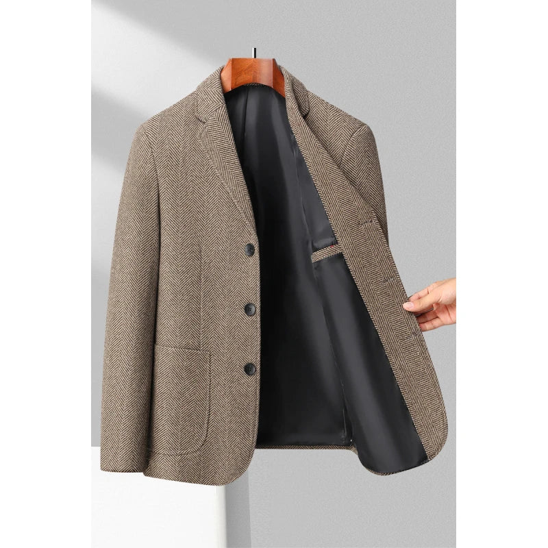 Men’s Blazer – Tailored Fit – Wool Blend – Herringbone Pattern – Notched Lapel – 3 Button