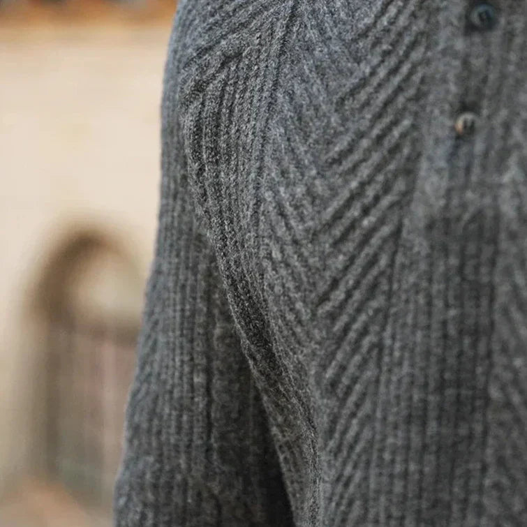Men’s Sweater – Slim Fit – Wool Knit – Cable Pattern – Polo Collar – Long Sleeve
