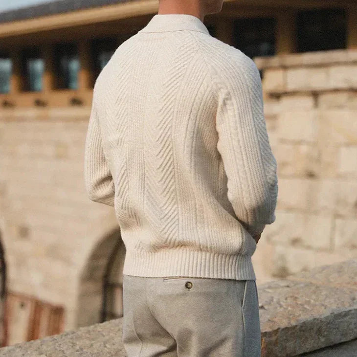 Men’s Sweater – Slim Fit – Wool Knit – Cable Pattern – Polo Collar – Long Sleeve