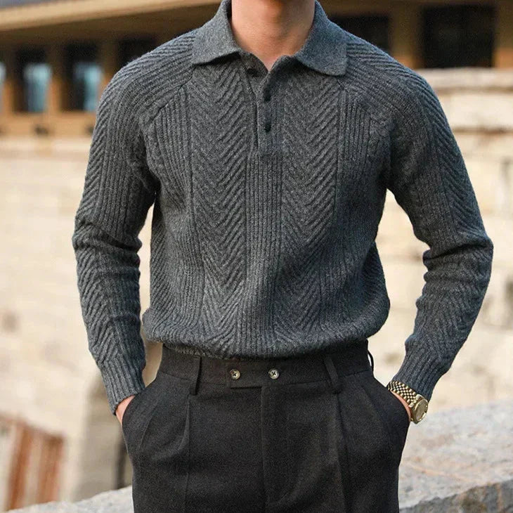 Men’s Sweater – Slim Fit – Wool Knit – Cable Pattern – Polo Collar – Long Sleeve