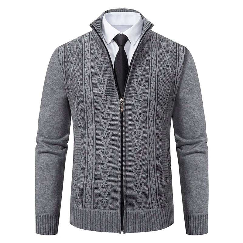Men’s Cardigan Sweater – Slim Fit – Wool Knit – Full Zip – High Collar – Cable Pattern