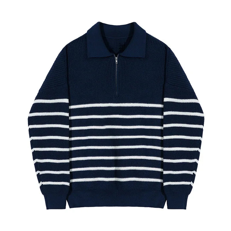 Men’s Sweater – Relaxed Fit – Wool Knit – Half Zip Polo Collar – Striped Design