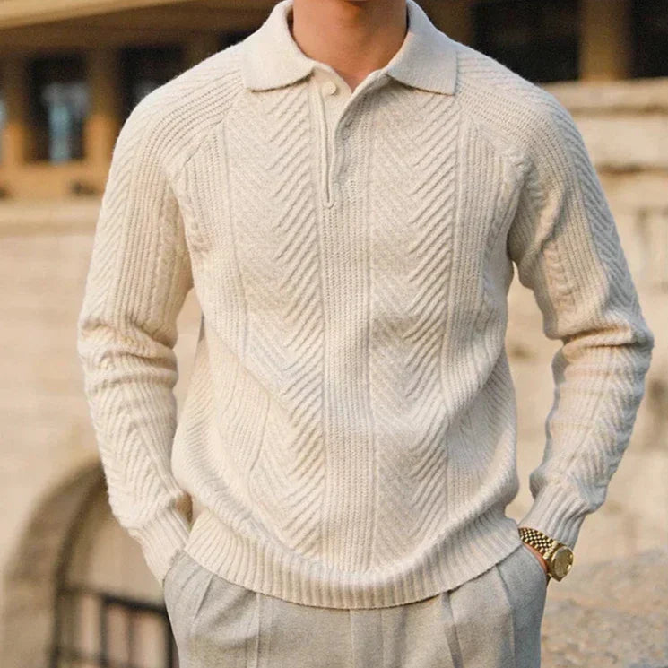Men’s Sweater – Slim Fit – Wool Knit – Cable Pattern – Polo Collar – Long Sleeve