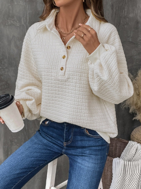 Women’s Sweatshirt – Oversized Fit – Textured Grid Knit – Half Placket – Classic Collar