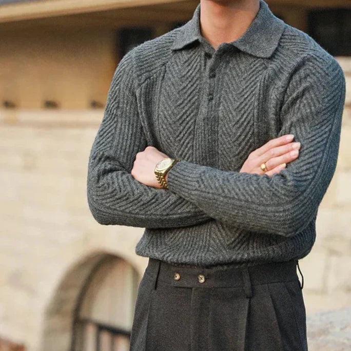 Men’s Sweater – Slim Fit – Wool Knit – Cable Pattern – Polo Collar – Long Sleeve