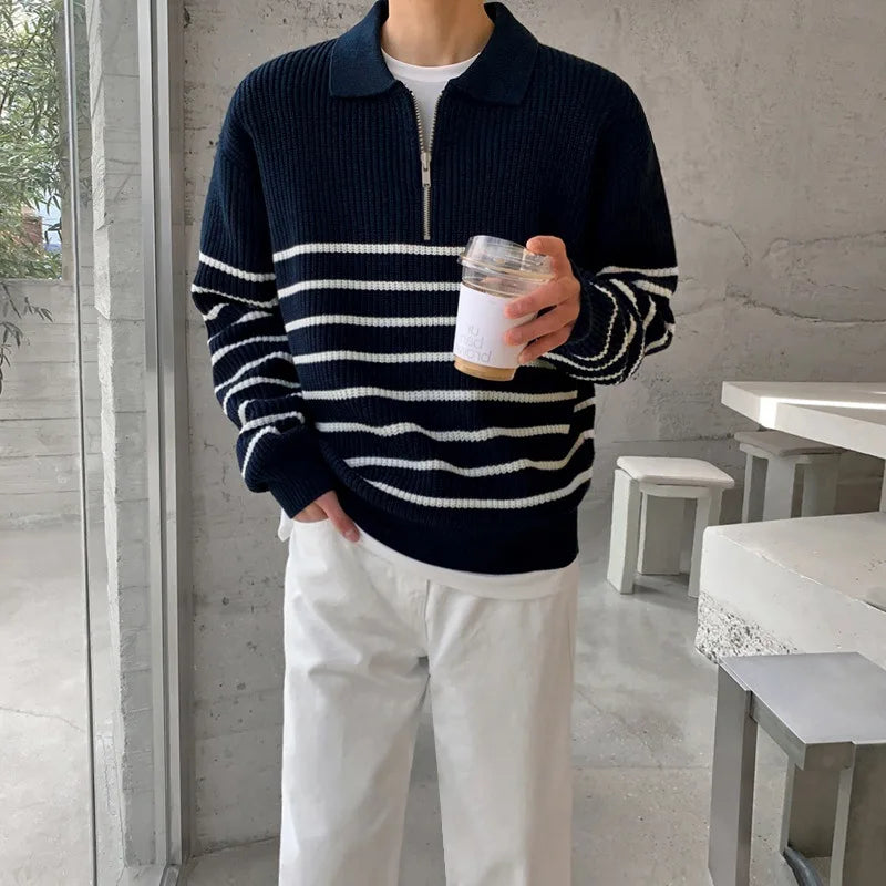 Men’s Sweater – Relaxed Fit – Wool Knit – Half Zip Polo Collar – Striped Design
