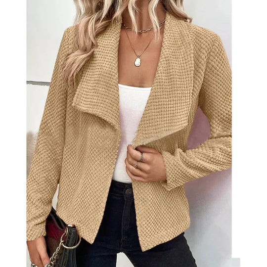 Women’s Jacket – Relaxed Fit – Waffle Knit – Open Front Waterfall Lapel – Long Sleeve