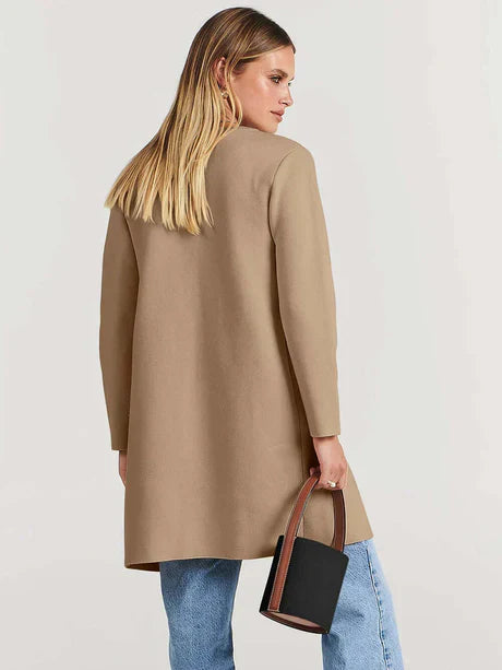 Women’s Open-Front Jacket – Relaxed Fit – Wool Blend – Mid-Length with Patch Pockets