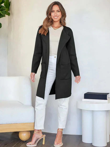 Women’s Open-Front Jacket – Relaxed Fit – Wool Blend – Mid-Length with Patch Pockets