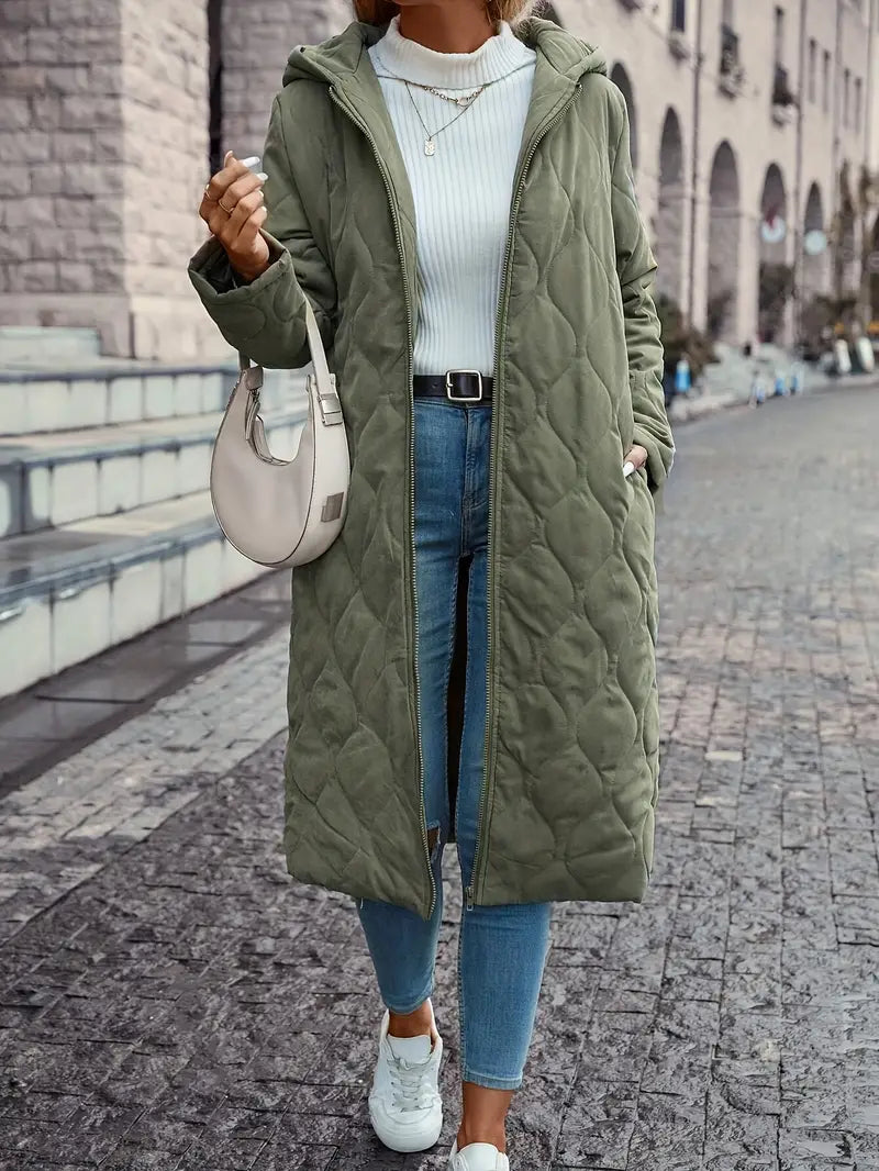 Women’s Quilted Coat – Relaxed Fit – Long Sleeve – Hooded – Full Length – Cotton Blend