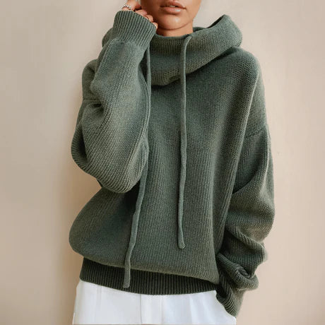 Women’s Pullover Sweater – Relaxed Fit – Cowl Neck with Drawstrings – Ribbed Trim