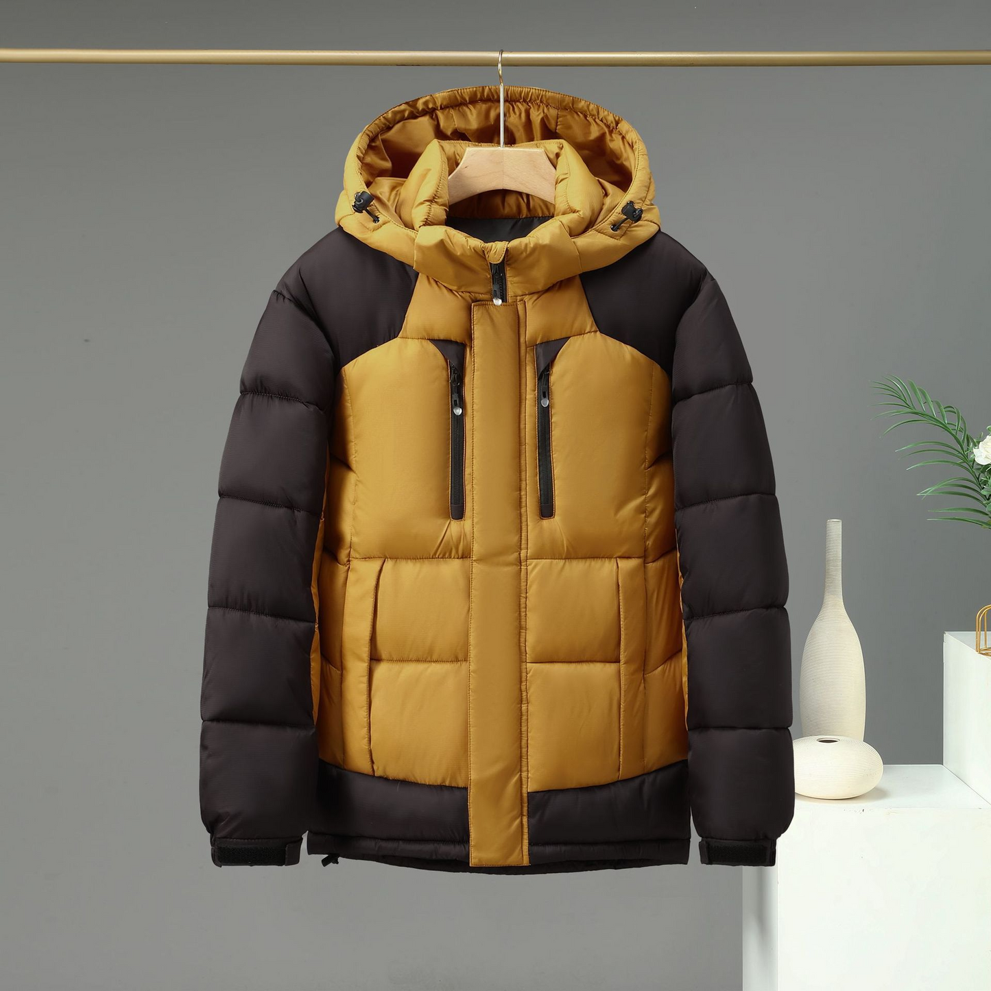 Men’s Padded Jacket – Water-Resistant Insulated – Detachable Hood – Zipper Pockets – Hip Length