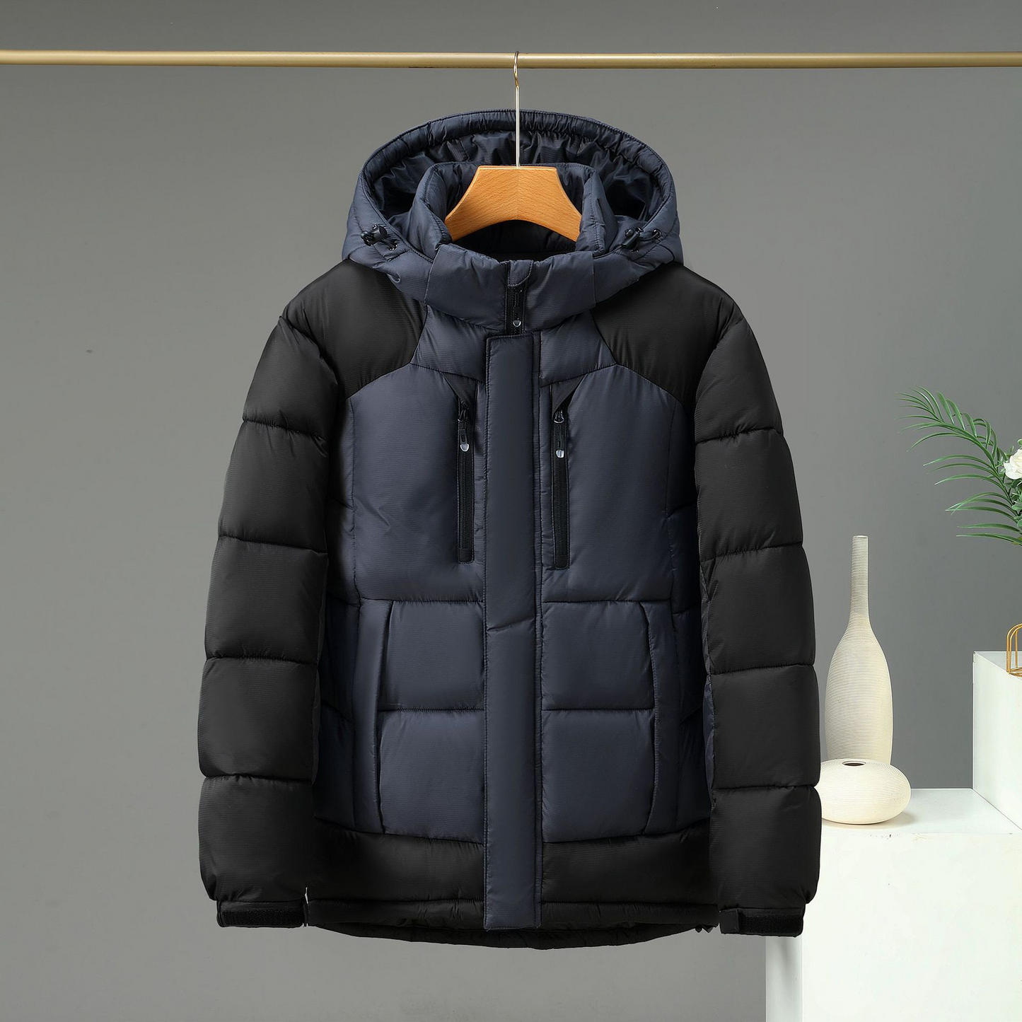 Men’s Padded Jacket – Water-Resistant Insulated – Detachable Hood – Zipper Pockets – Hip Length