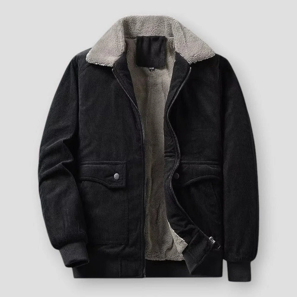 Men’s Bomber Jacket – Relaxed Fit – Corduroy Fabric – Sherpa Collar – Ribbed Trim
