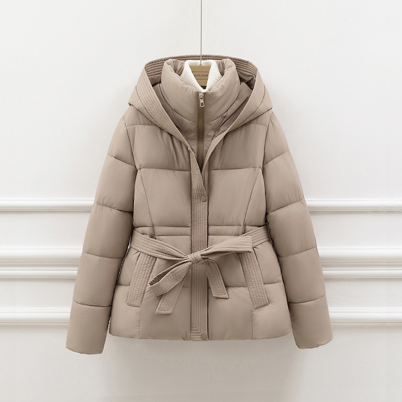Women’s Padded Coat – Quilted Slim Fit – Hooded with Tie Waist – Zipper Closure