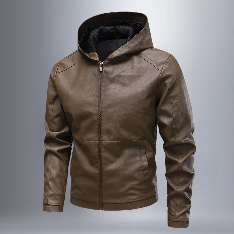 Men’s Hooded Jacket – Slim Fit – Leather-Like Material – Panel Design – Full Zip – Hip Length