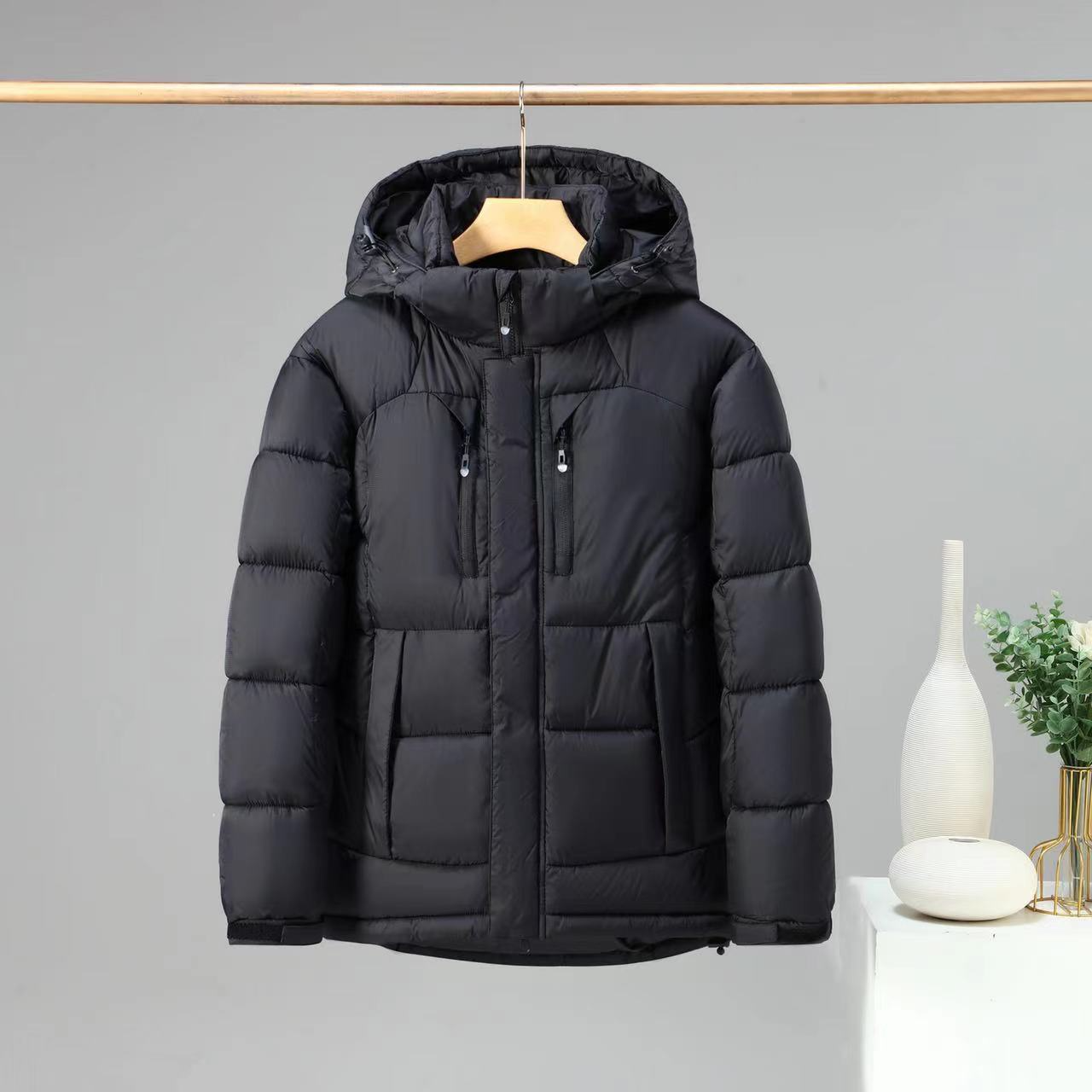 Men’s Padded Jacket – Water-Resistant Insulated – Detachable Hood – Zipper Pockets – Hip Length