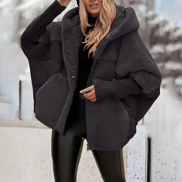 Women’s Puffer Jacket – Oversized Fit – Hooded Quilted Design – Button Front – Ribbed Cuffs