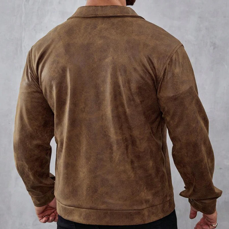 Men’s Leather Jacket – Classic Fit – Distressed Texture – Snap Button – Multi-Pocket