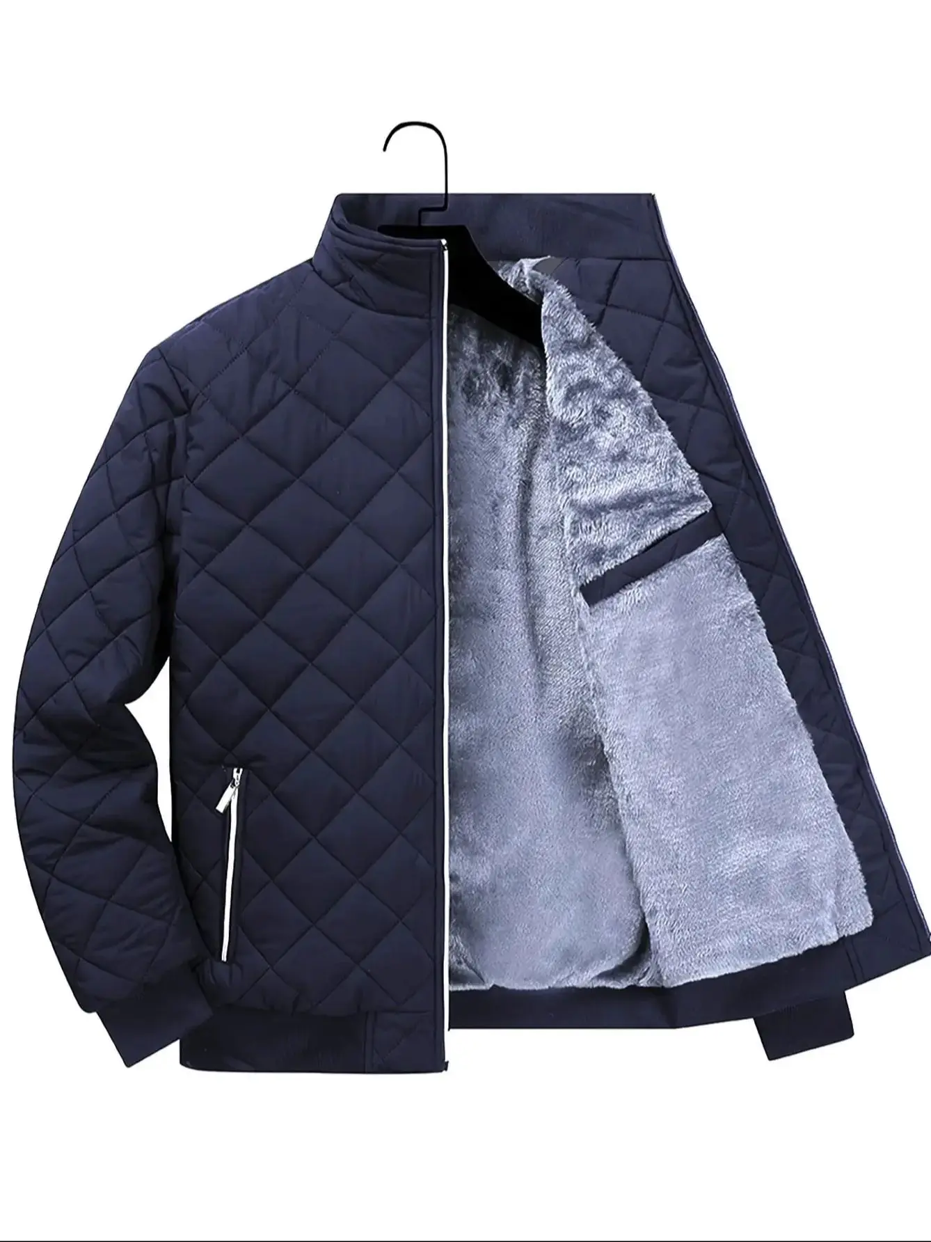 Men’s Quilted Jacket – Fleece Lined – Diamond Stitch – Ribbed Cuffs – Zipper Front