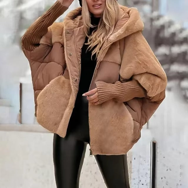 Women’s Puffer Jacket – Oversized Fit – Hooded Quilted Design – Button Front – Ribbed Cuffs