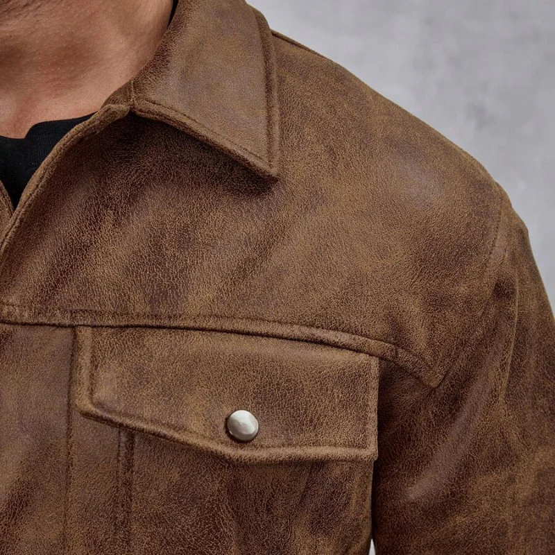 Men’s Leather Jacket – Classic Fit – Distressed Texture – Snap Button – Multi-Pocket