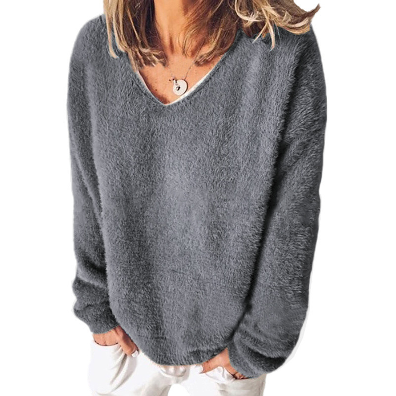Women’s V-Neck Sweatshirt – Relaxed Fit – Plush Fuzzy Knit – Long Sleeve Casual Wear
