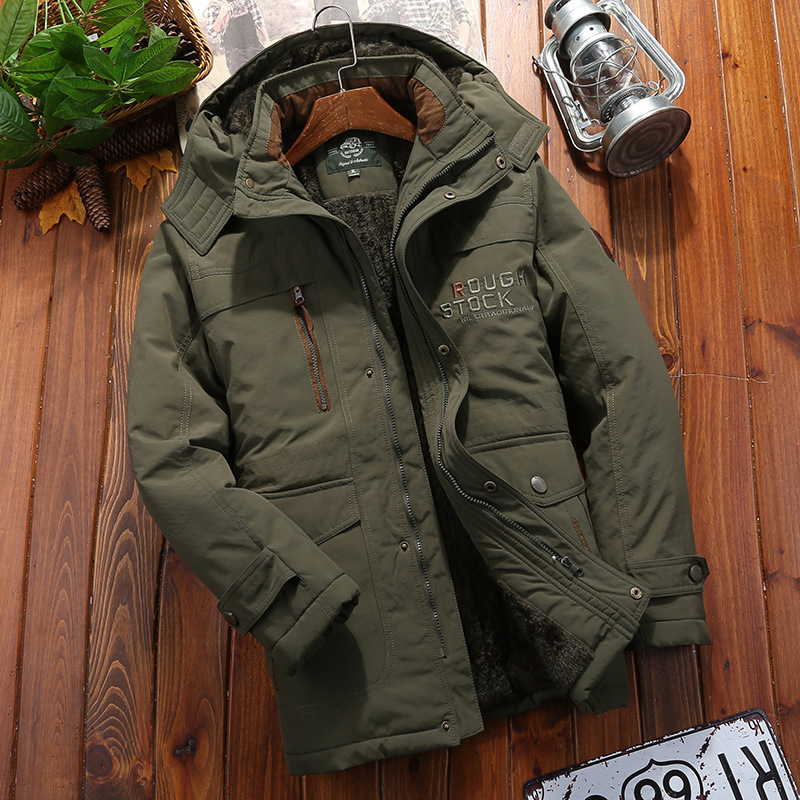 Men’s Coat – Loose Fit – Plush Lining – Hooded – Water-Resistant – Mid-Thigh Length