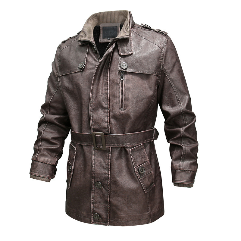 Men’s Trench Coat – Washed Leather Look – Regular Fit – Asymmetrical Zip – Belted Waist