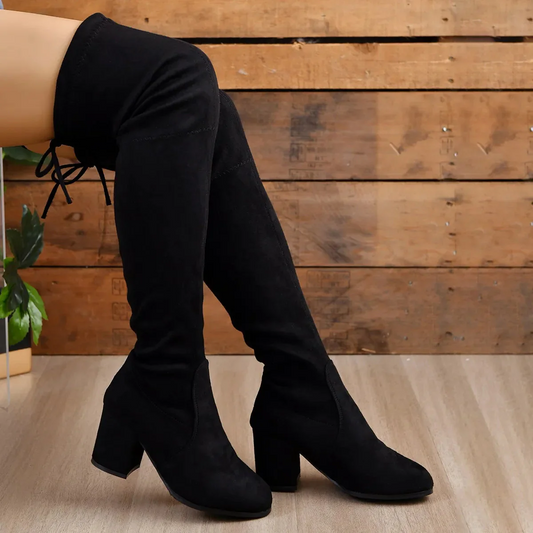 Women’s Over-the-Knee Boots – Stretch Fit – Suede Finish – Block Heel – Almond Toe – Lace-Up Back