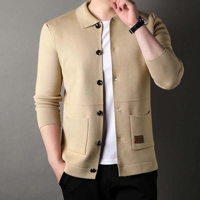 Men’s Cardigan – Slim Fit – Knit Knitwear – Classic Collar – Button Front – Pockets