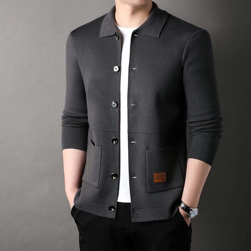 Men’s Cardigan – Slim Fit – Knit Knitwear – Classic Collar – Button Front – Pockets