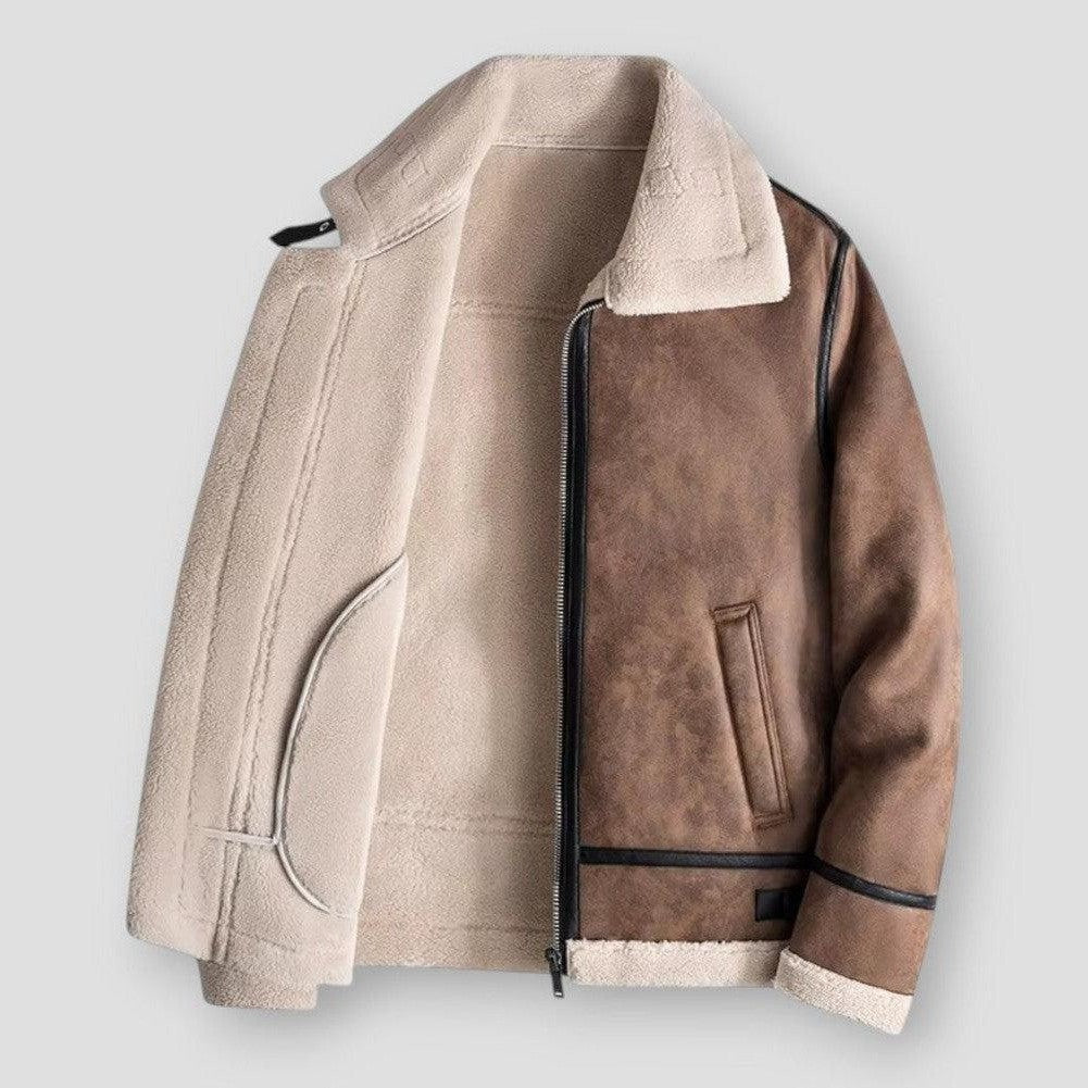 Men’s Jacket – Relaxed Fit – Faux Leather Look – Shearling Trim – Hip Length – Zip Closure