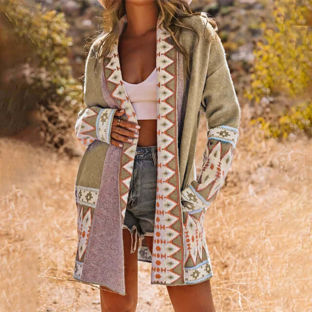 Women’s Long Cardigan – Relaxed Fit – Open Front – Knit Texture – Geometric Detail – Patch Pockets