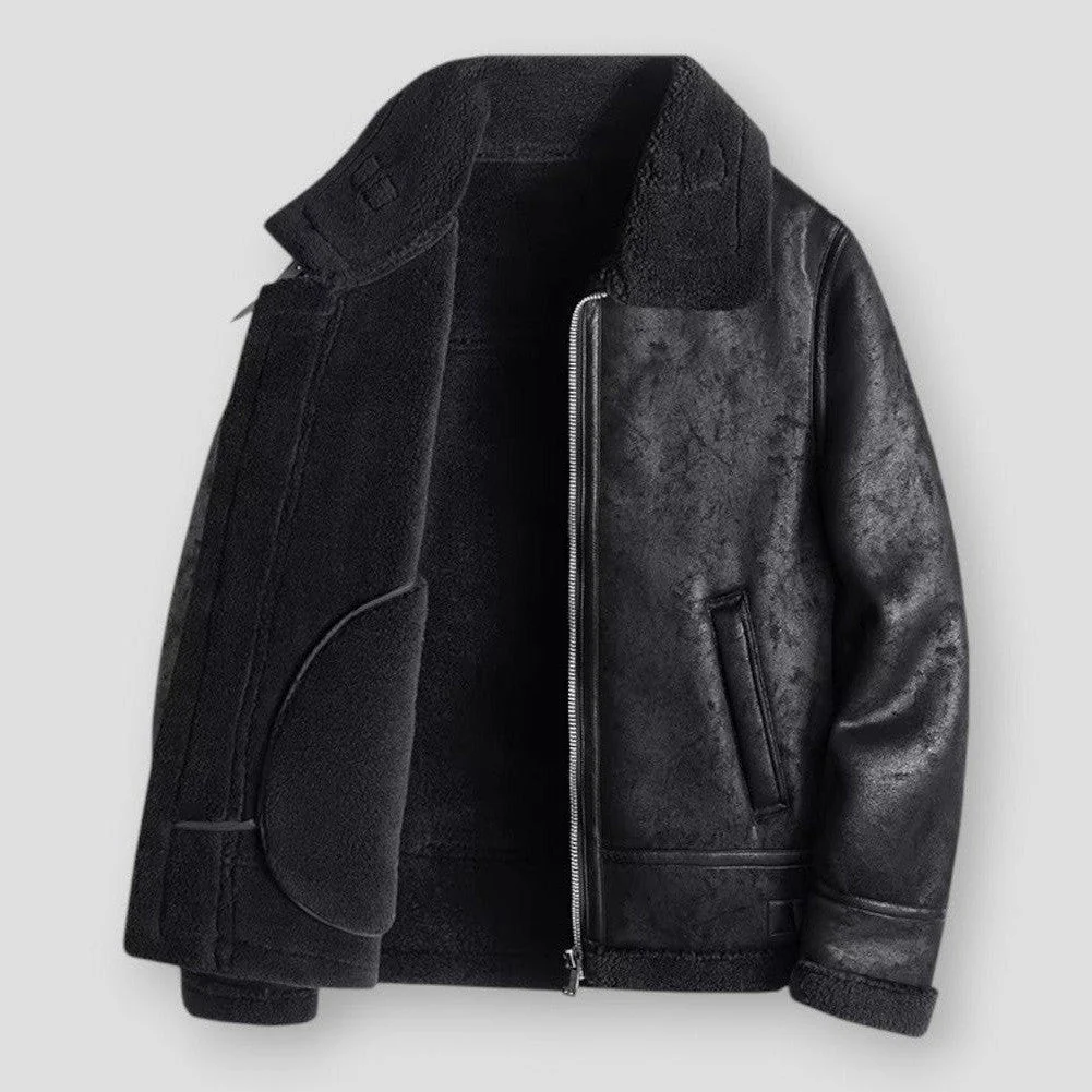 Men’s Jacket – Relaxed Fit – Faux Leather Look – Shearling Trim – Hip Length – Zip Closure