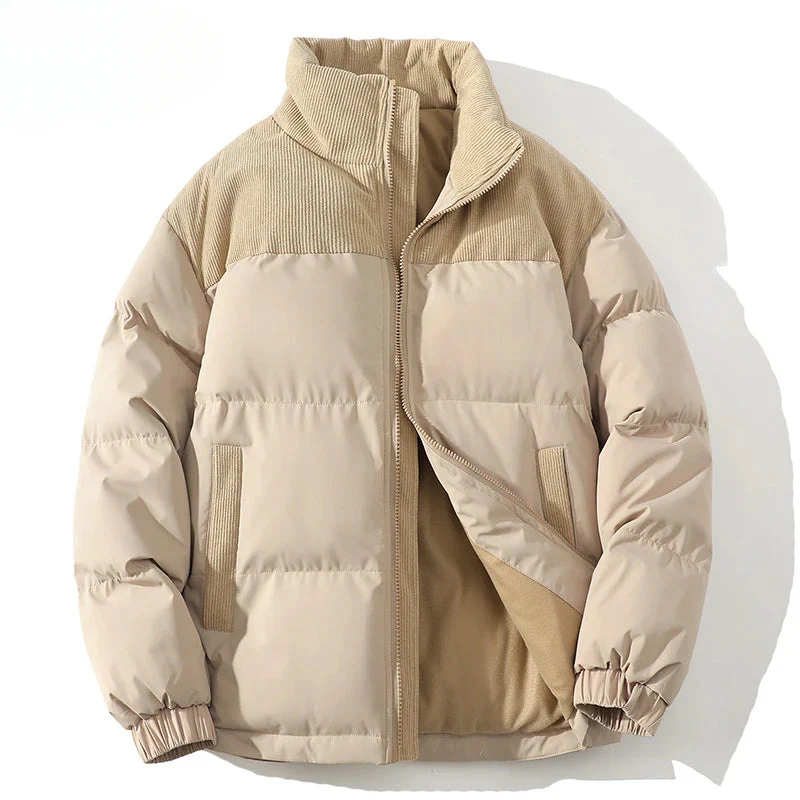 Men’s Puffer Jacket – Quilted Insulation – Corduroy Yoke – Relaxed Fit – High Collar