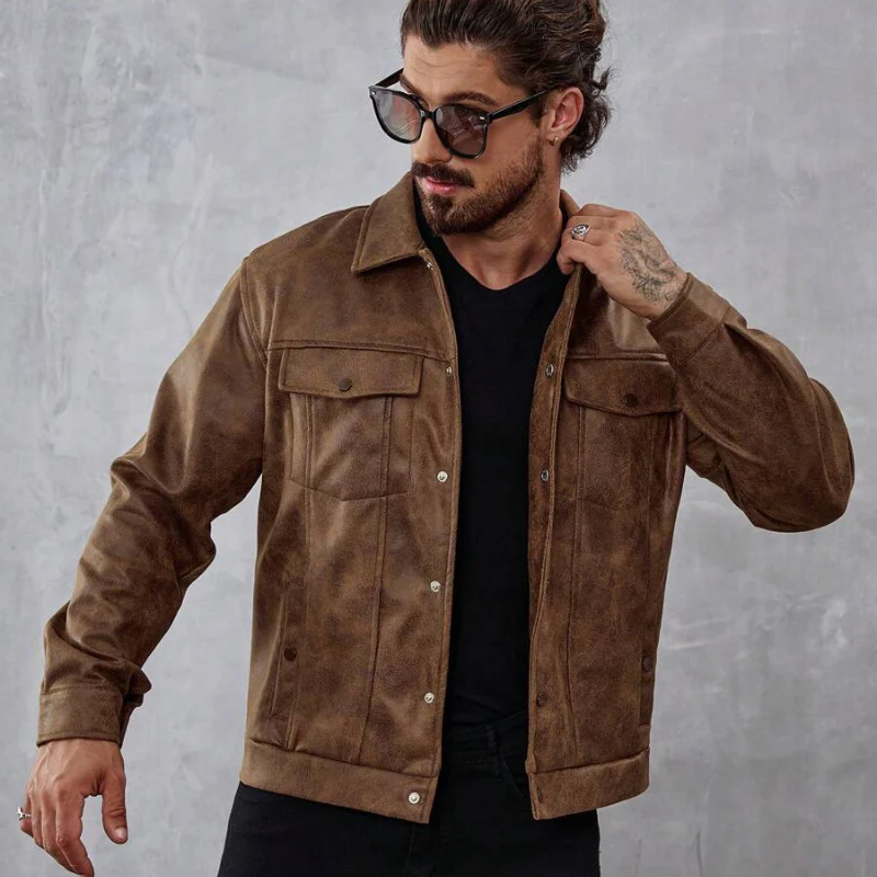 Men’s Leather Jacket – Classic Fit – Distressed Texture – Snap Button – Multi-Pocket