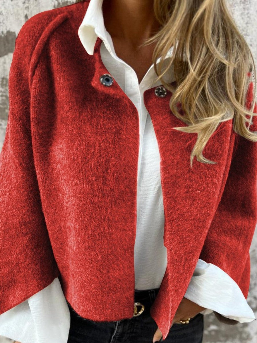Women’s Coat – Relaxed Fit – Soft Wool Knit – Round Neck – Long Sleeve – Button Front