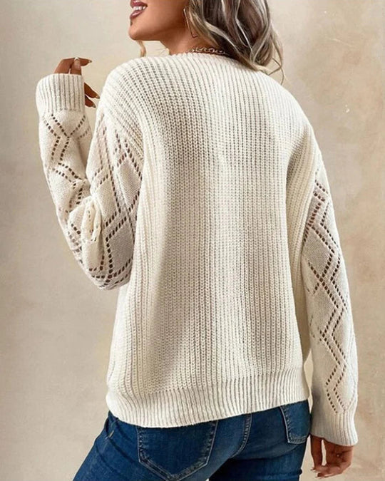 Women’s V-Neck Sweater – Relaxed Fit – Soft Knit – Lace Trim – Open-Knit Sleeves