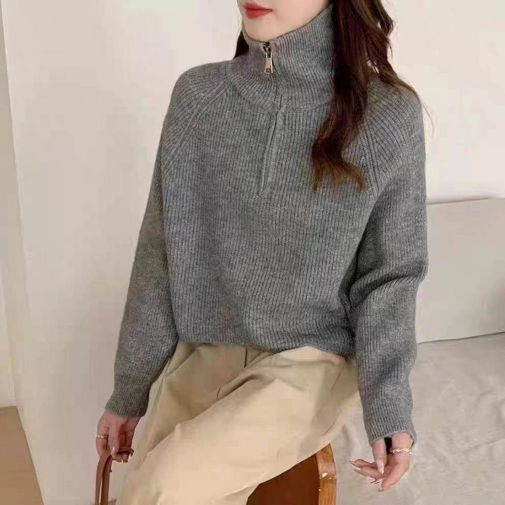 Women’s Pullover Sweatshirts – Wool – Relaxed Fit – High Zip Collar – Ribbed Trim