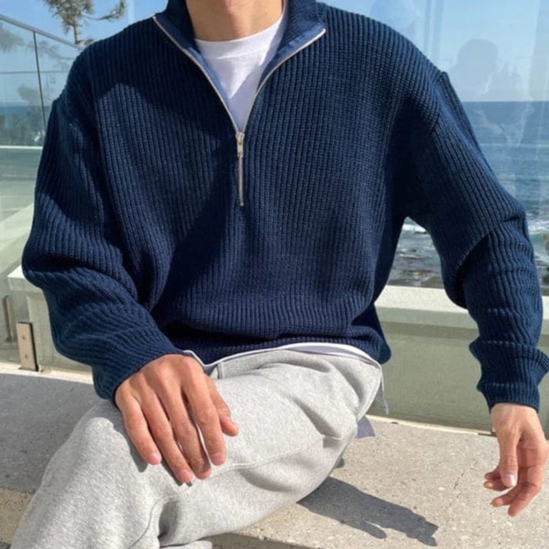 Men’s Half Zip Sweater – Wool Blend – Relaxed Fit – Ribbed Knit – Mock Neck