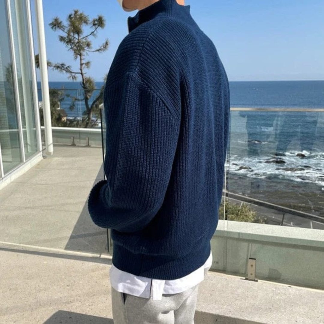 Men’s Half Zip Sweater – Wool Blend – Relaxed Fit – Ribbed Knit – Mock Neck
