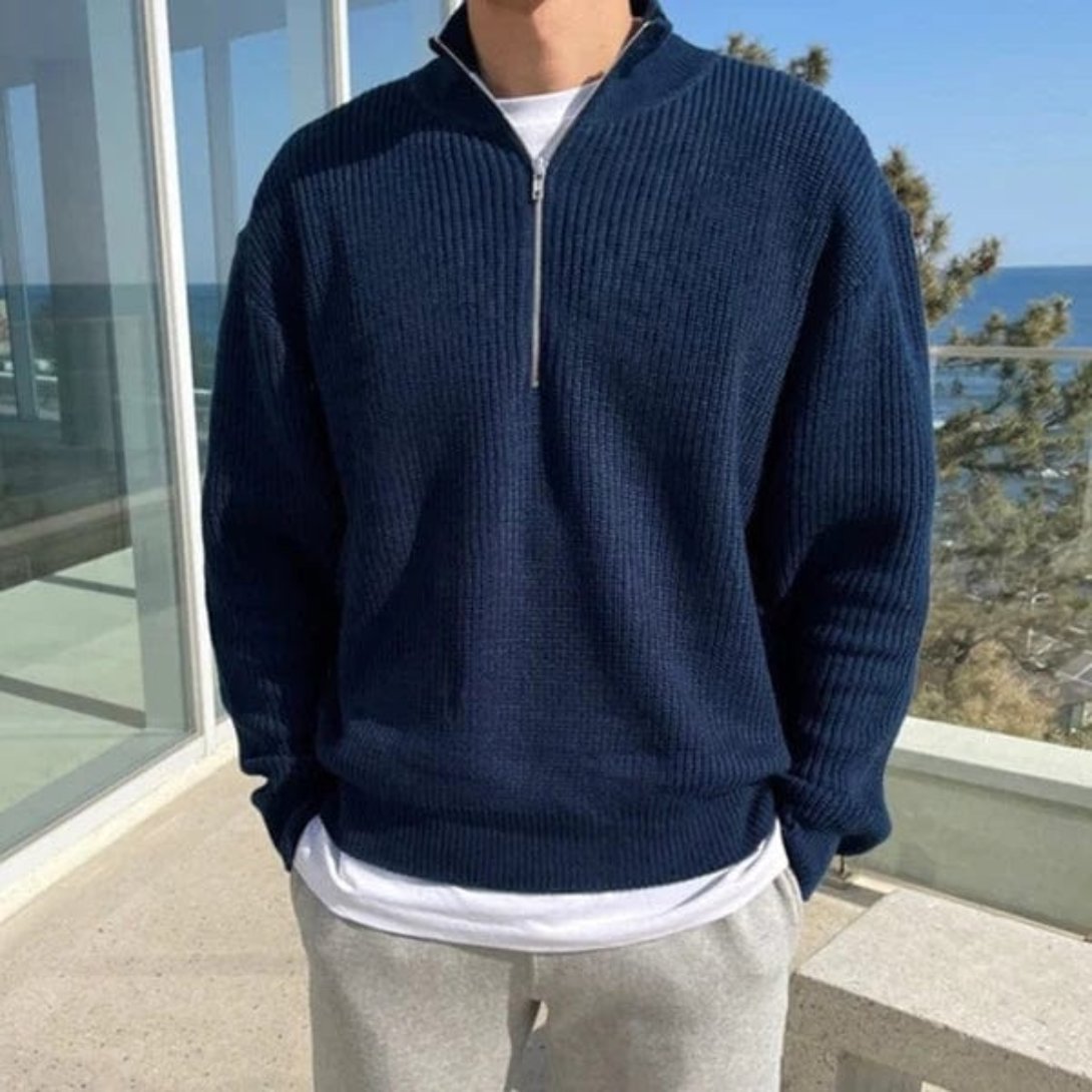 Men’s Half Zip Sweater – Wool Blend – Relaxed Fit – Ribbed Knit – Mock Neck