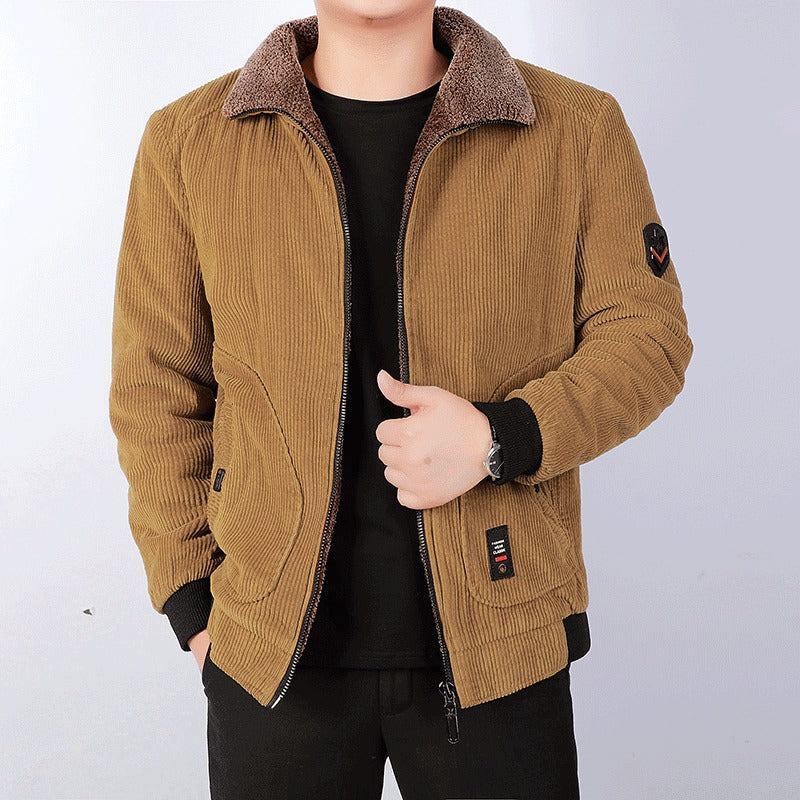 Men’s Bomber Jacket – Corduroy Shell – Sherpa Lining – Loose Fit – Ribbed Cuffs