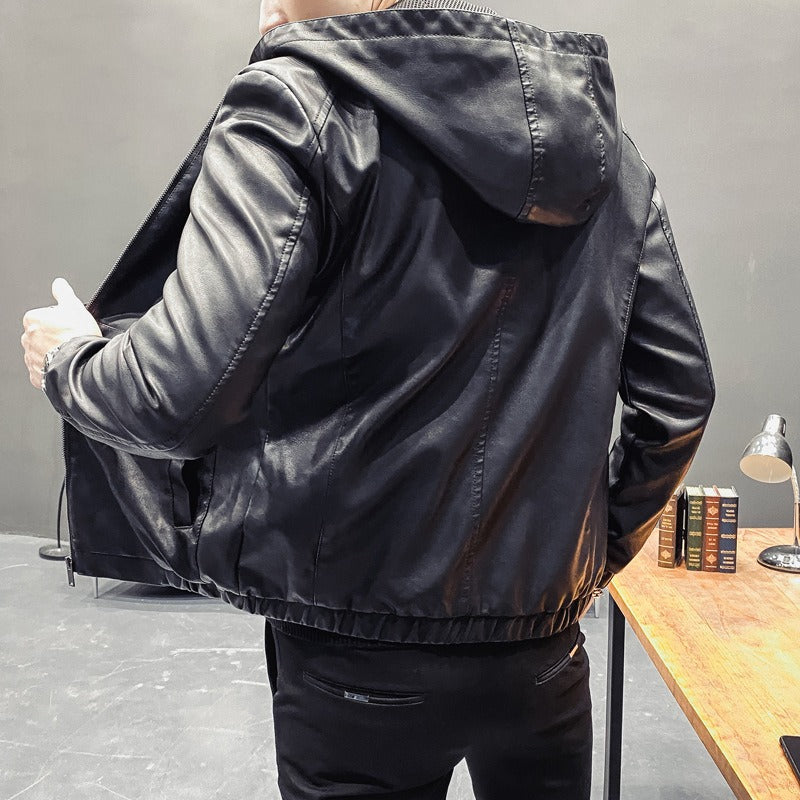 Men’s Hooded Jacket – Slim Fit – Leather-Like Material – Panel Design – Full Zip – Hip Length