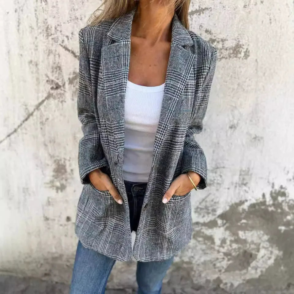 Women’s Blazer Jacket – Relaxed Fit – Wool Blend – Notched Lapel – Mid-Thigh Length