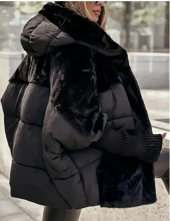 Women’s Quilted Coat – Faux Fur Hood – Ribbed Cuffs – Loose Fit – Padded Hybrid Design